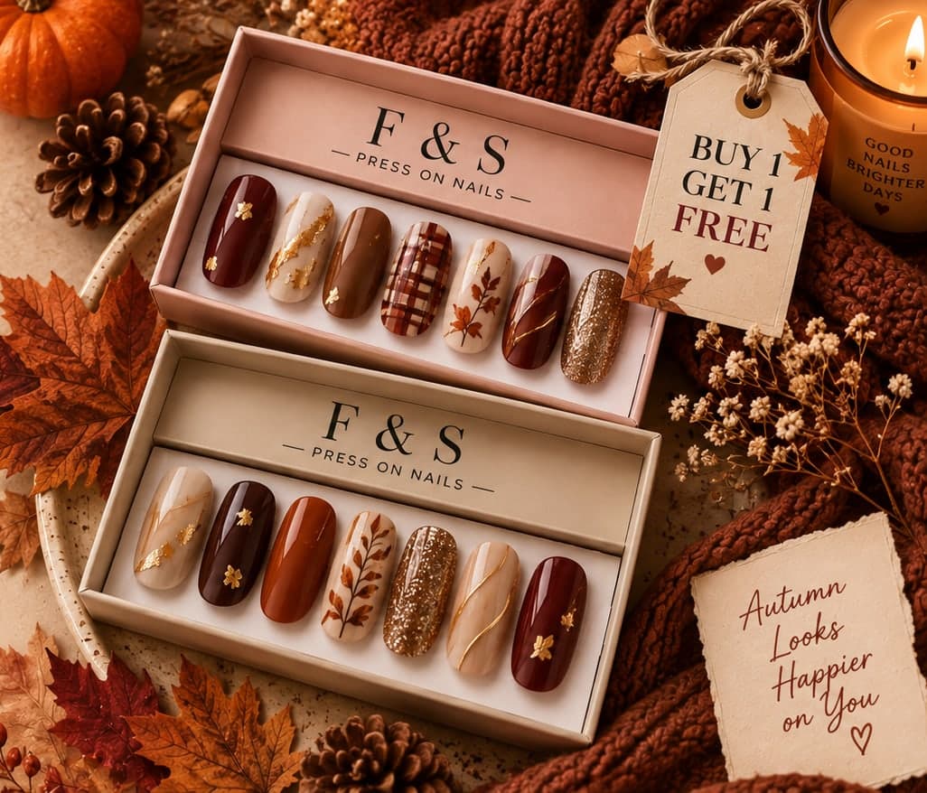 Two File & Style press-on nail sets in autumn tones — burgundy, caramel, plaid and gold foil — among maple leaves and pine cones, with a Buy 1 Get 1 Free gift tag