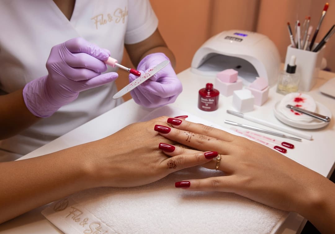 Premium gel manicure service with rich red high-gloss polish at File & Style studio