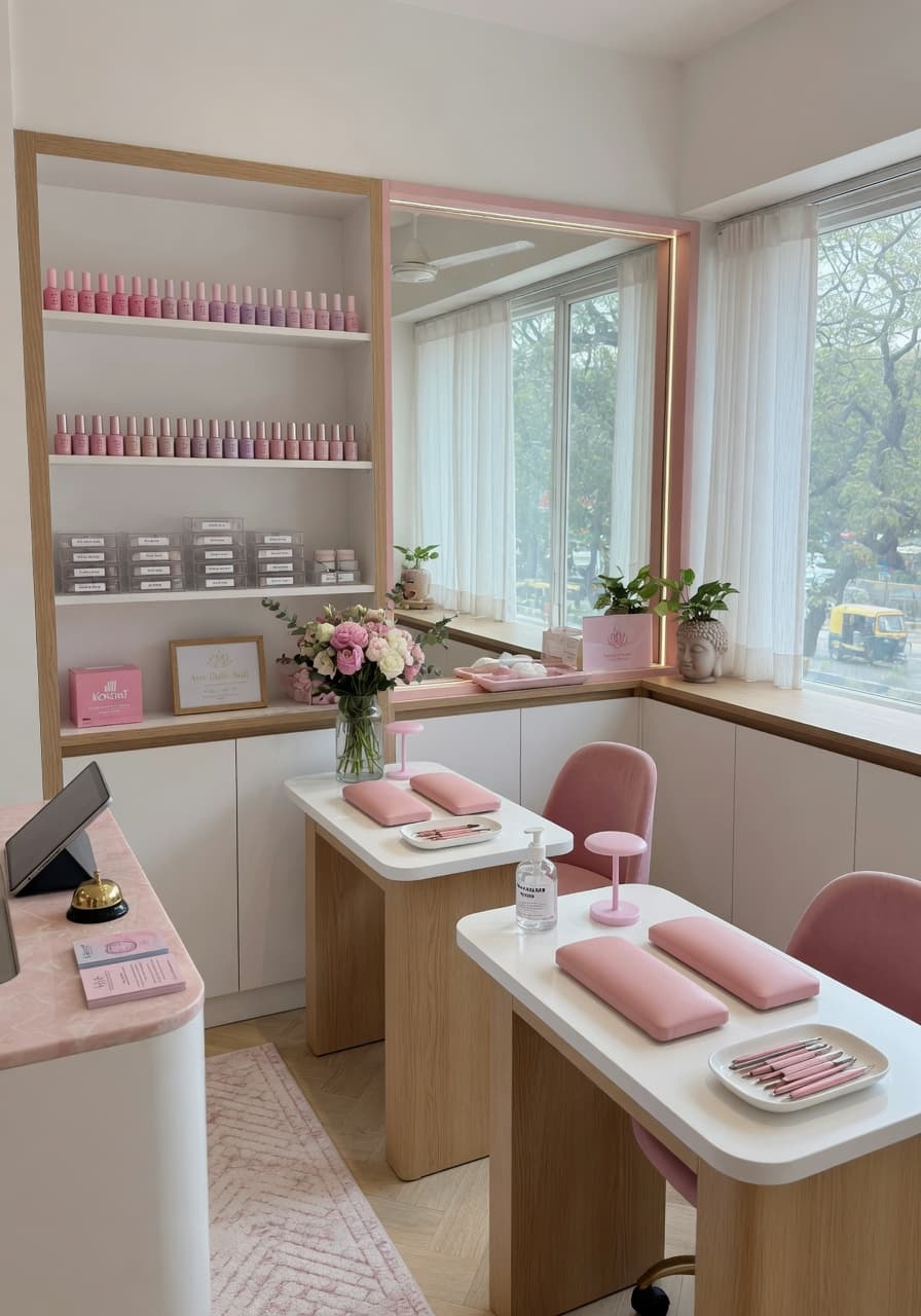 Bright modern interior of File & Style nail studio in Kalkaji with pink and wood stations, product displays, and natural light