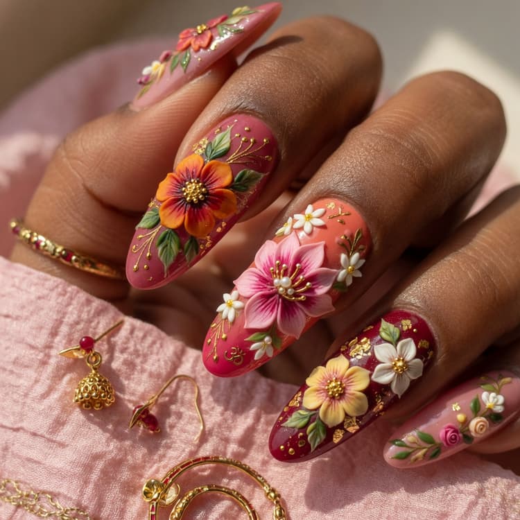 Stunning 3D floral hand-painted nail art