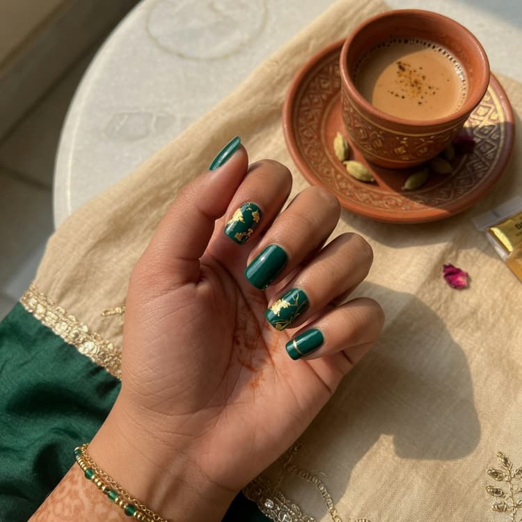 Deep emerald green gel with gold foil details