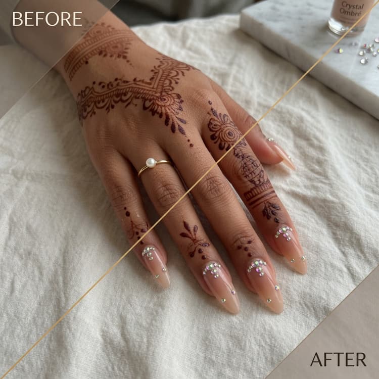 Soft nude ombré almond extensions with crystals