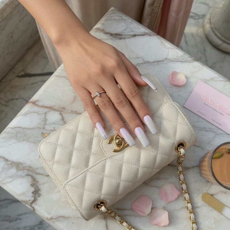 Elegant milky white structured gel extensions with chrome tips